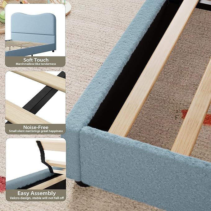 GarveeHome Boucle Queen Bed Frame with Upholstered Headboard, Soft Low Profile Sturdy Platform Bed with Rounded Corners Design, Heavy Duty, Wooden Slats, Noise Free, No Box Spring Needed, Blue