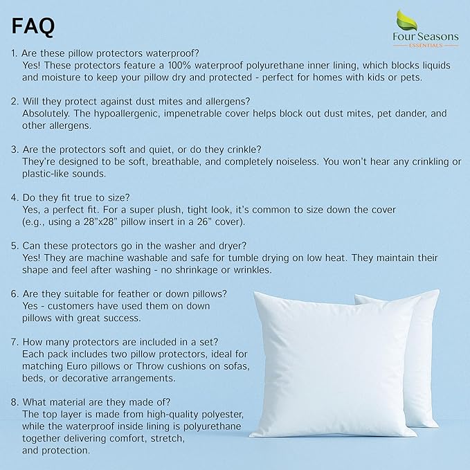 Throw Pillow Covers (Set of 2) - Square 18x18 Pillow Protectors Waterproof Hypoallergenic Dust Proof Zippered Encasement