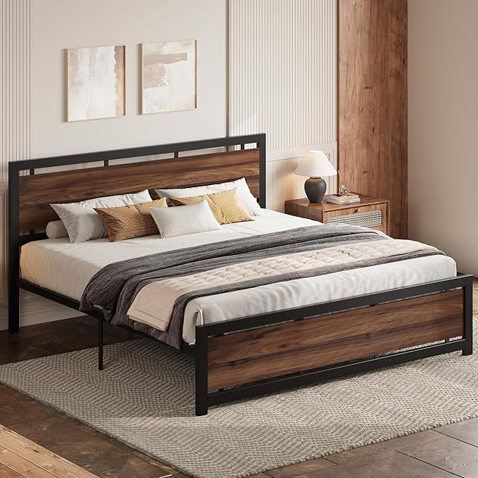 LIKIMIO California King Bed Frame with Headboard and Footboard, Metal Strong Supports, Easy Assembly, Noise-Free, No Box Spring Needed, Dark Walnut