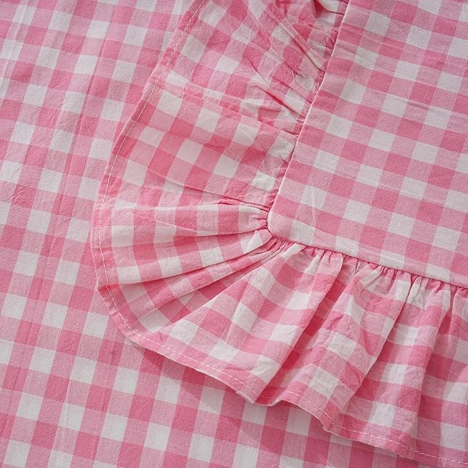 2 Pack Pink/White Plaid Ruffled Checkered Throw Pillow Cover 20 x20 inches, Washed Cotton Vintage Farmhouse Pillow Sham Decorative Gingham Pillowcases for Bed/Living Room
