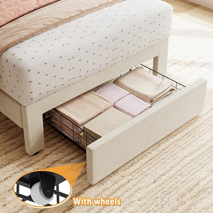 GarveeHome Twin Bed Frame with Under-Bed Drawer, Upholstered Platform Bed with Wave Headboard for Kids/Girls, Wooden Slats Support, No Box Spring Needed, Velvet Beige