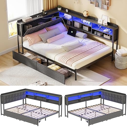 Full Corner Bed Frame with Storage Drawers and Bookcase & Flip-up Storage Headboard, Full Size Platform Corner Bed Frame with Charging Station and LED Lights, Full Daybed for Dorm or Guests, Grey