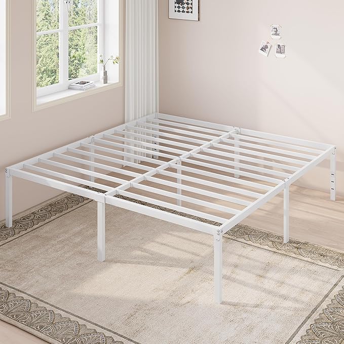 Allewie King Size Bed Frame, 18 Inch Metal Platform Beds with Storage Space, No Box Spring Needed and Easy Assembly, White