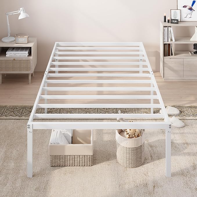Allewie Twin Bed Frame, 18 Inch Metal Platform Beds with Storage Space, No Box Spring Needed and Easy Assembly, White