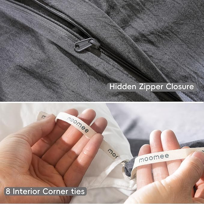MooMee Bedding Duvet Cover Set 100% Washed Cotton Linen Like Textured Breathable Durable Soft Comfy (Heathered Dark Grey, Super King Plus 120"x120")