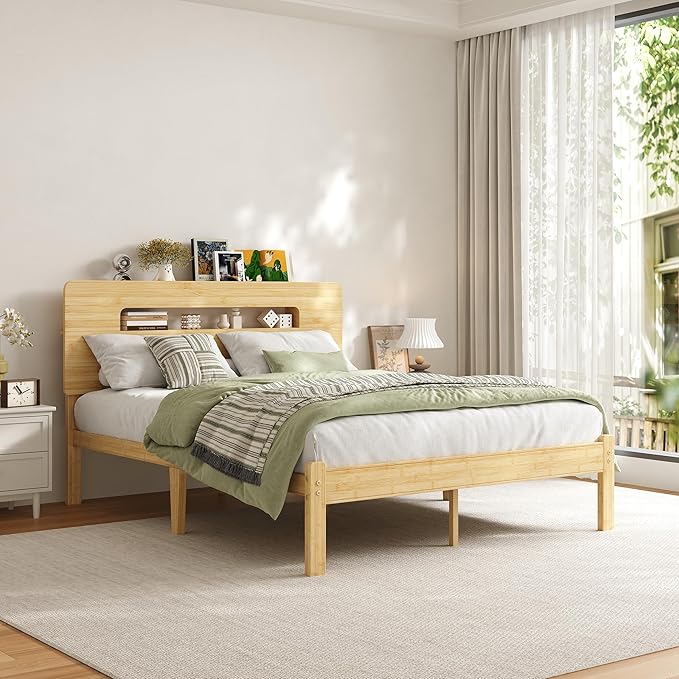 ZIYOO Solid Bamboo Wood Queen Bed Frame with Storage Headboard, 12 inch Platform Bed Frame Queen No Box Spring Needed with Steel Slats, Sturdy and Stable, Easy Assembly, Noise Free