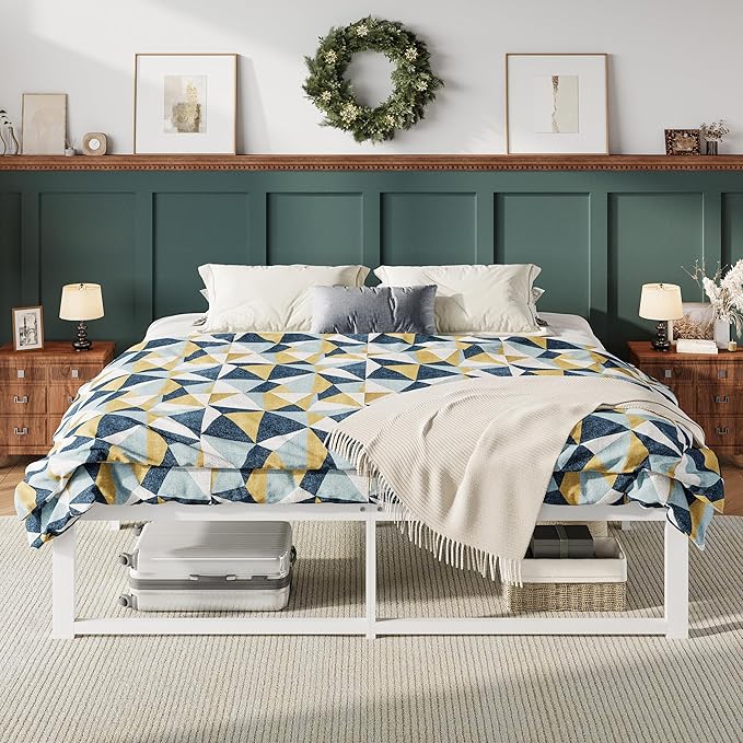 Allewie King Size Bed Frame, 14 Inch Metal Platform Bed Frame with 4000LBS Heavy Duty Steel Slats Support, Noise Free, Easy Assembly, No Box Spring Needed, White