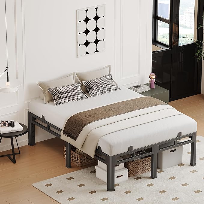 16 Inch Full Size Bed Frame Heavy Duty, Metal Double Layer Steel 4000 lbs Capacity, Platform with Large Under Bed Storage Space, No Box Spring Needed, Noise-Free, Easy Assembly