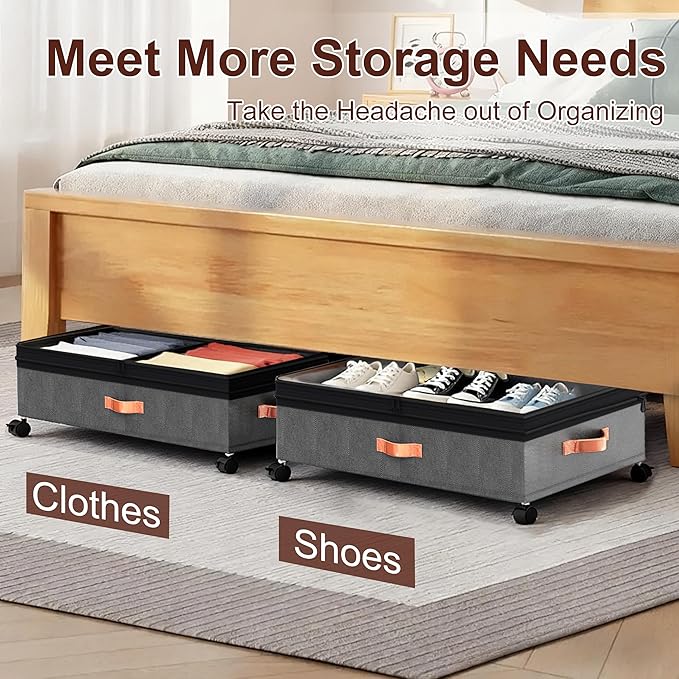 Under Bed Storage Organizer with Wheels - 2Pack 70L Extra Large Rolling Storage Bins with Clear Lid & Labels for Clothes, Shoes, Blankets (XXL,Grey)
