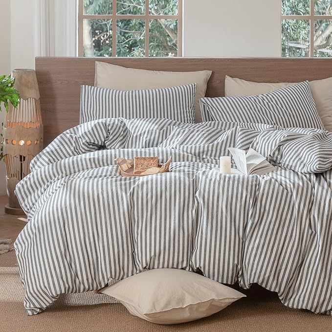 MooMee Striped Duvet Cover Set 100% Washed Cotton Linen Like Textured Breathable Durable Soft Comfy (Dark Grey White Classic Stripes, Oversized King Plus 128"x120")