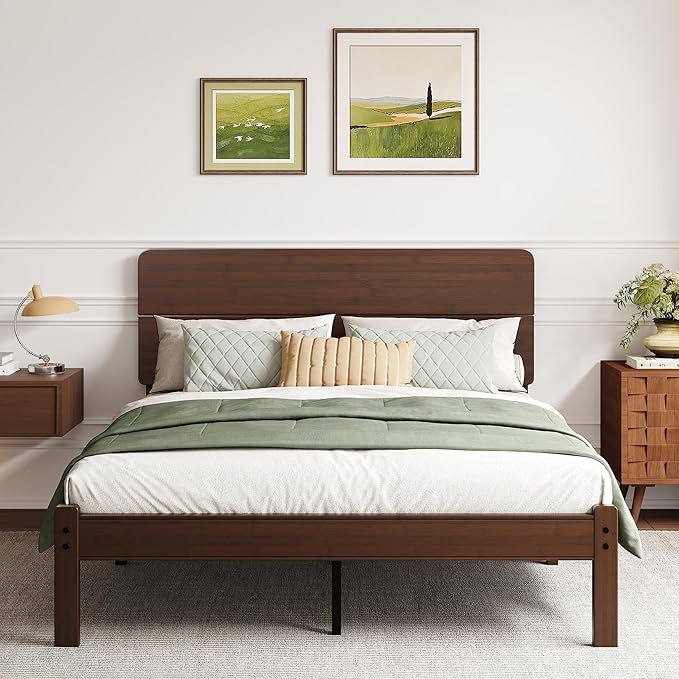 BOSRII 14in High Solid Bamboo Wood Platform Queen Size Bed Frame with Headboard, Reinforced Heavy Duty Metal Slats, Noise Free, No Box Spring Needed, Easy Assembly, Walnut
