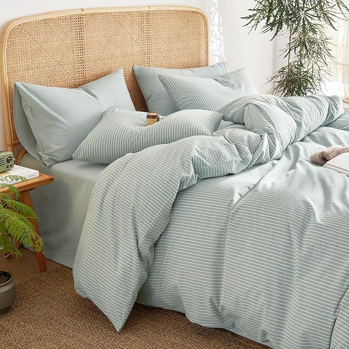Wake In Cloud - Striped Cotton Duvet Cover Set, 100% Washed Cotton Textured Percale Bedding Set, Ticking Stripe Pinstripe Farmhouse, 3 Pieces, Greyish Blue, King Size