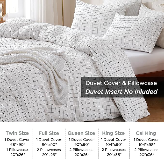 TOCOMOA Checkered Duvet Cover Set 100% Natural Cotton Soft Comfy Breathable 3 Piece White and Black Gingham Pattern Printed Comforter Cover Bedding Set (Queen 90"x90", Comforter Not Included)