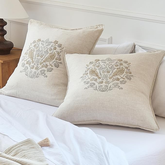 Simple&Opulence 100% Linen Euro Shams 26'' x 26'' Pack of 2, Embroidery Rosefinch Design Natural Flax Farmhouse Decorative Square Throw Pillow Covers for Bed Couch Sofa - Linen