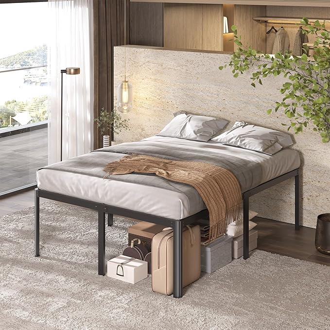 Lutown-Teen 22 Inch High Full Size Bed Frame with Rounded Corner Legs, Sturdy Mattress Foundation, Heavy Duty Metal Platform Bed Frame Full No Box Spring Needed, Noise Free, Easy Assembly, Black