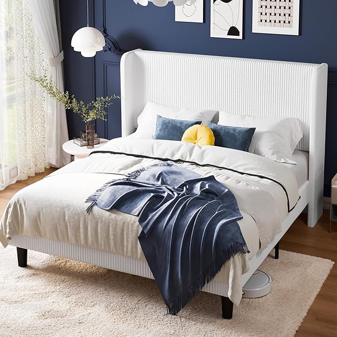 Allewie Queen Size Bed Frame with Upholstered Wingback Headboard, Vertical Channel Tufted Corduroy Velvet Platform Bed, Strong Wooden Slats Support, No Box Spring Needed, Easy Assembly, Sturdy, White