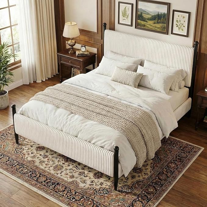 Garvee Queen Size Upholstered Bed Frame - with Velvet Headboard, Soft Corduroy Fabric Platform with Wooden Slats Support & Heavy Duty Feet, No Box Spring Needed, Noise Free, Easy Assembly, White