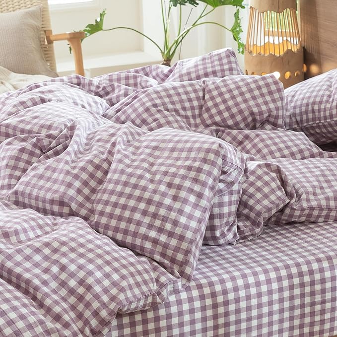 MooMee Gingham Duvet Cover Set 100% Washed Cotton Linen Like Textured Breathable Durable Soft Comfy Modern Checkered Design (Classic Gingham Light Purple, Queen 90"x90")