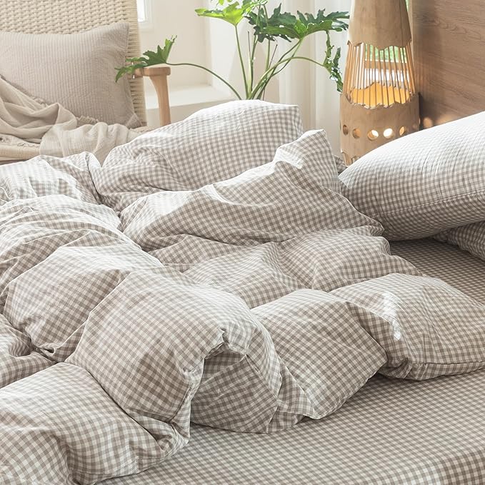 MooMee Gingham Duvet Cover Set 100% Washed Cotton Linen Like Textured Breathable Durable Soft Comfy Modern Checkered Design (Mini Gingham Tannish Linen Grey, Full 80"x90")