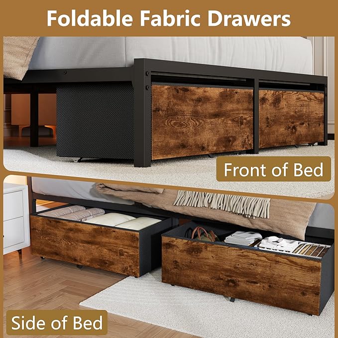 Forestell Queen Bed Frame with Wood Headboard, Metal Platform Bed with 2 Storage Drawers & Shelf, Built-in Charging Station & LED Lights, No Box Spring Needed, Vintage Brown, Cama Queen Size