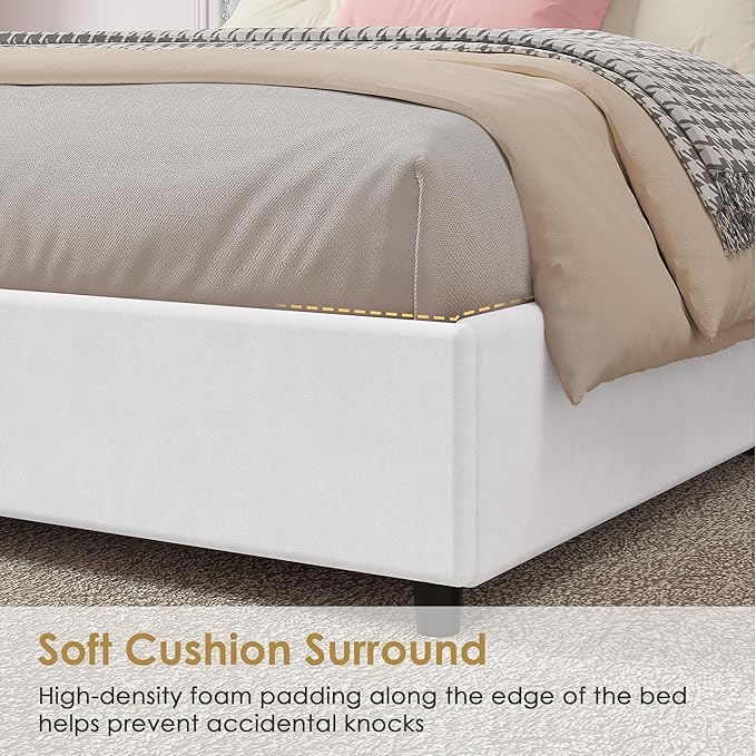 VECELO King Size Upholstered Bed Frame with 4 Storage Drawers, Adjustable Velvet Rivet Decor Headboard, Wooden Slats Platform Support, No Box Spring Needed, Easy Assembly,White