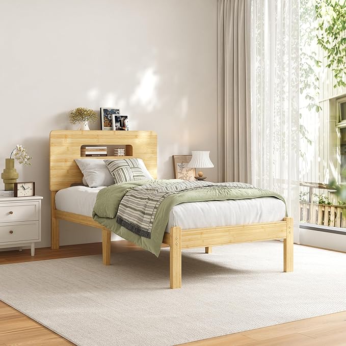 ZIYOO Twin XL Size Bamboo Bed Frame 12 Inch Height, Heavy-Duty Bed Base with Natural Bamboo Exterior & Metal Support Slats, Anti-Slip Platform Bed for Bedroom