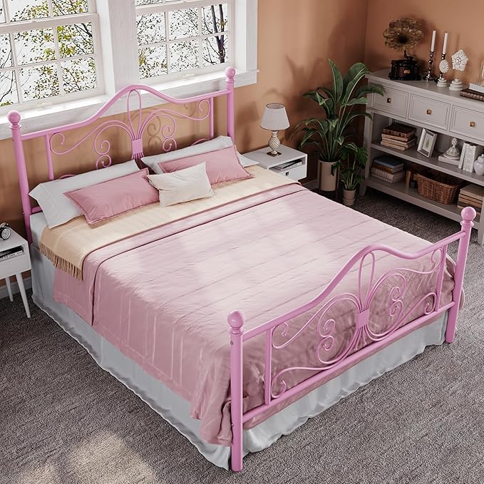 Allewie Queen Size Bed Frame with Headboard,Metal Bed Frame with Butterfly Pattern Design Headboard & Footboard,No Box Spring Needed,Easy Assembly,Pink