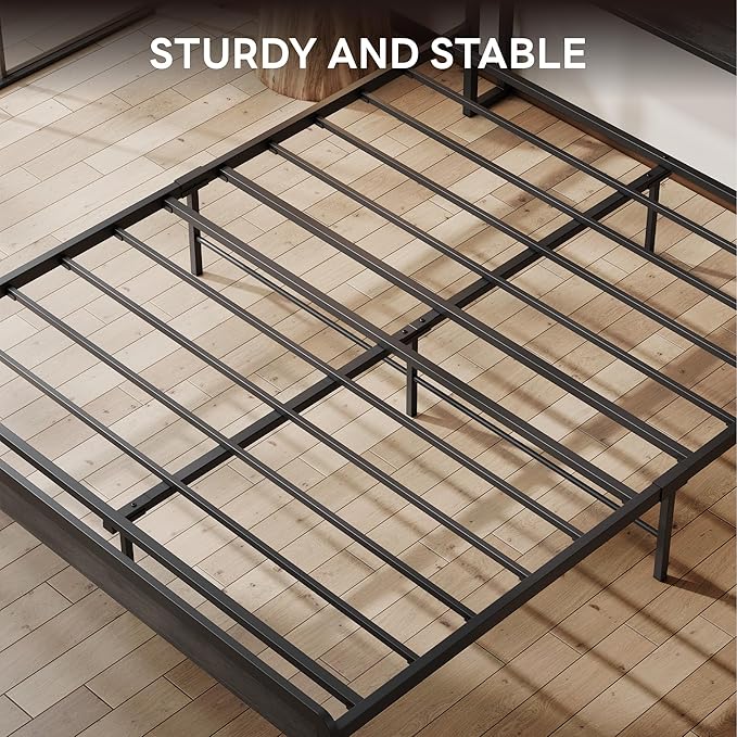 LIKIMIO Full Bed Frame with Headboard, Dark Wood Camas Full with Strong Supports, Sturdy, Noise-Free, No Box Spring Needed, Grey