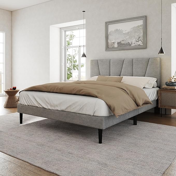 HAOARA Full Size Bed Frame with Fabric Upholstered Headboard, Platform Bed with Wooden Slats Support, Fully Mattress Foundation, Box Spring Optional, Easy Assembly, Light Grey