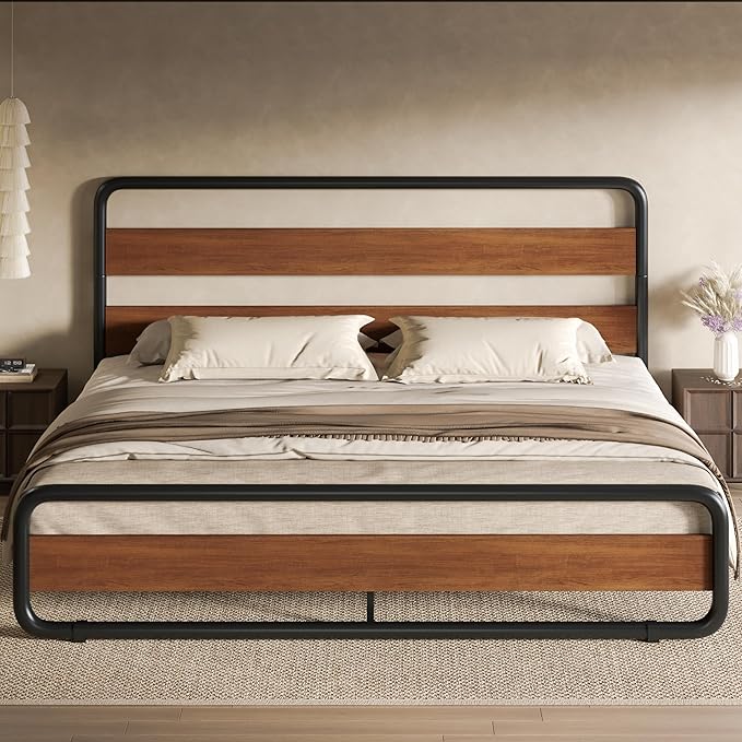 SHA CERLIN Queen Size Metal Bed Frame with Wooden Headboard and Footboard, Heavy Duty Oval-Shaped Platform Bed with Under-Bed Storage, Noise Free, No Box Spring Needed, Vintage Walnut