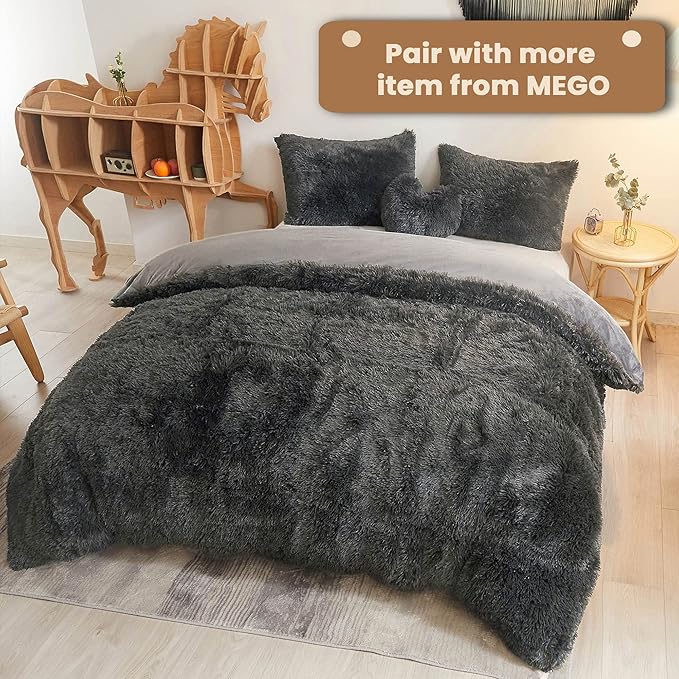 MEGO Shaggy Plush Body Pillow Cover, Grey Faux Fur Fluffy Body Pillowcase, 20x54 Boho Fuzzy Body Pillow Case, Furry Long Big Throw Pillow Sham with Zipper for Home Bedding Couch Living Room Dark Gray