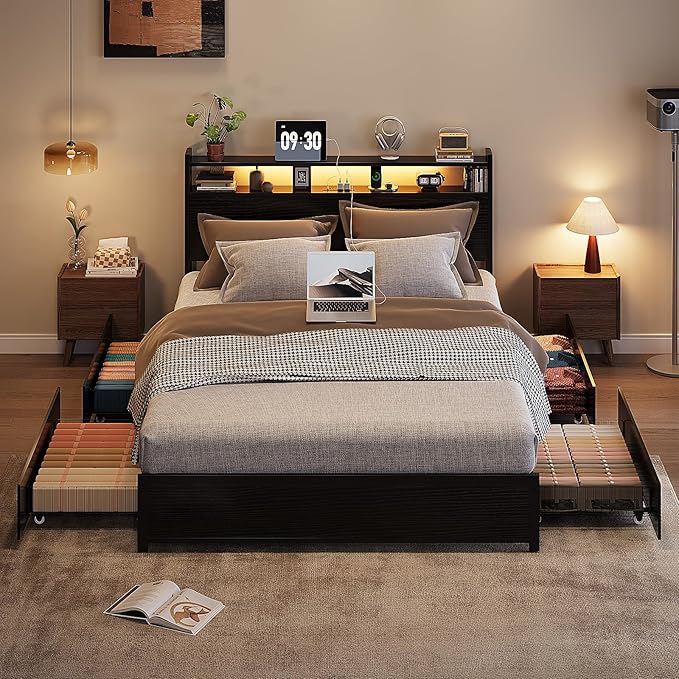 VINGLI Metal Bed Frame King with 4 Drawers and Storage Headboard, Platform with Charging Station and LED Lights, No Box Spring Needed, Noise Free, Easy Assembly, Black