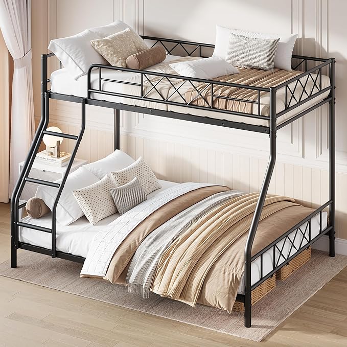 Garvee Metal Bunk Bed Twin Over Full, Heavy Duty Frame with Ladder & Guardrails, Sturdy Metal Slats, No Box Spring Needed, Space Saving for Dorm, Bedroom, Apartment, Matte Black