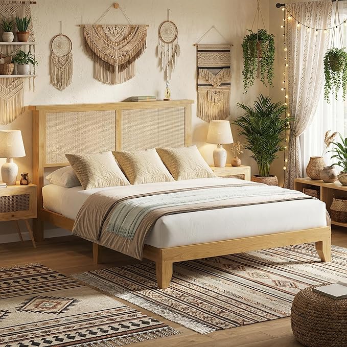IDEALHOUSE Rattan Bed Frame Full Size with Natural Rattan Headboard & LED Lights, Wood Full Bed Frame with Solid Wood Foundation, No Box Spring Needed, Natural