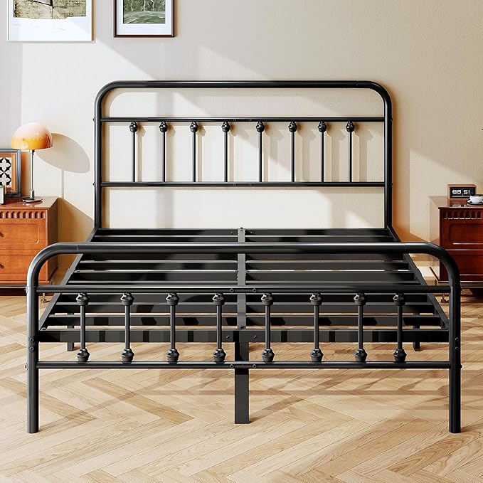 zunatu Queen Size Metal Platform Bed Frame/Victorian Style Headboard and Footboard/Steel Slat Support/Easy Assembly/No Box Spring Needed/Underbed Storage/Noise Free/Black