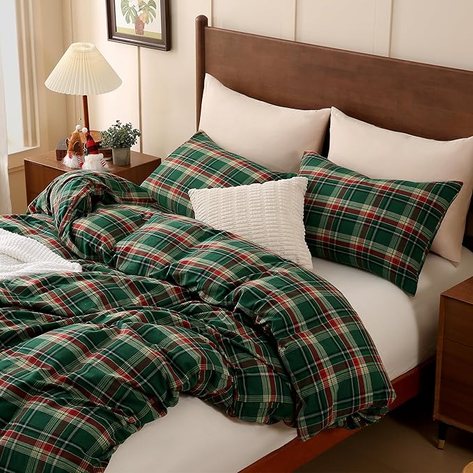 TOCOMOA Christmas Plaid Duvet Cover Set 100% Washed Cotton Like Linen Feel Super Soft Comfy 3 Piece Green Red Gingham Checkered Bedding Comforter Cover Set (Full 80"x90", Comforter Not Included)