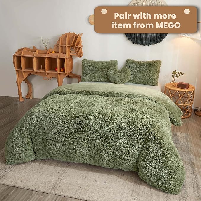 MEGO Fluffy Body Pillow Cover, 20x54 Shaggy Faux Fur Body Pillow Case, Green Comfy Plush Fuzzy Body Pillowcase, Furry Long Throw Bed Pillow Cover with Zipper for Adults Women Side Sleeper Sage Green