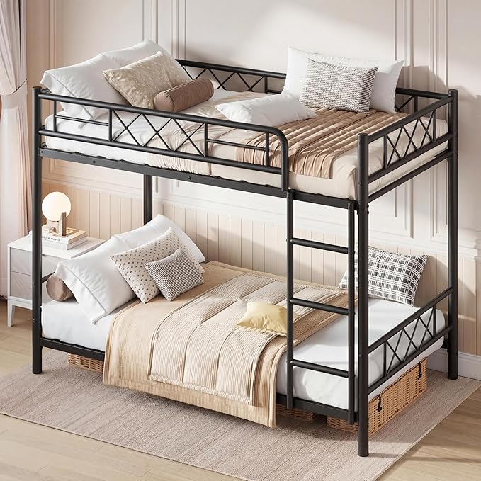Garvee Bunk Bed Twin Over Twin for Adults & Teens, Heavy Duty 2-Tier Bed with Stairs, Full-Length Guardrail & Metal Slats, No Box Spring Required, Space Saving, Matte Black