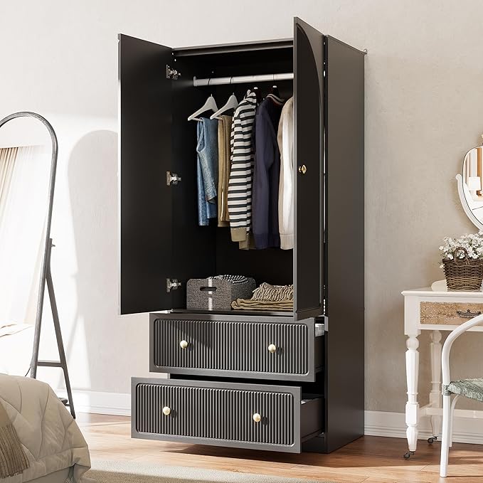 PAKASEPT Armoire Wardrobe Closet with 2 Drawers & Hanging Rod, Freestanding Wooden Wardrobe Cabinet with 2 Striped Doors for Bedroom, Living Room