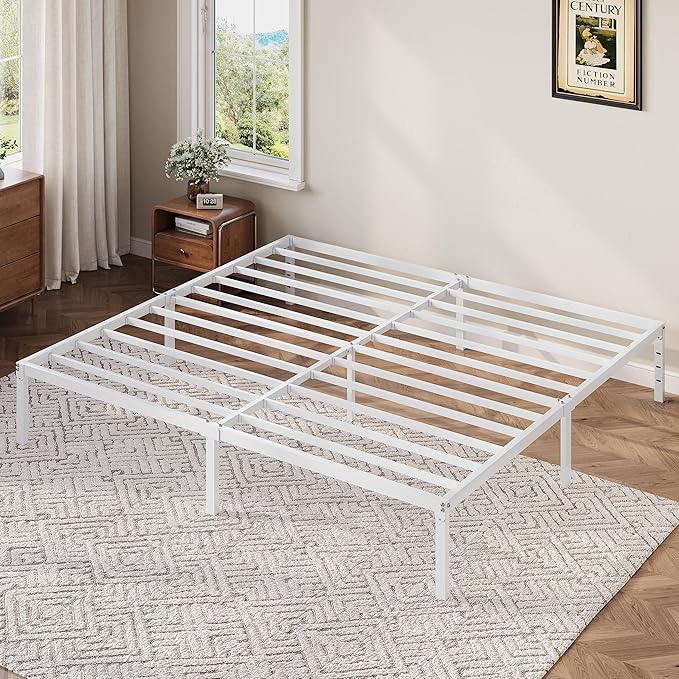 Allewie King Size Bed Frame, 12 Inch Metal Platform Beds with Storage Space, No Box Spring Required and Easy Assembly, White