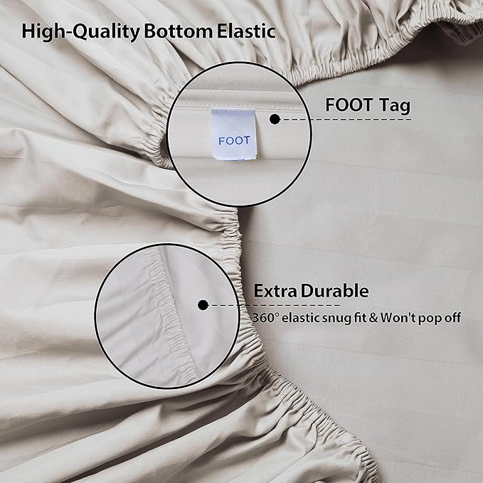 2-Pack Pure Cotton Fitted Sheet Twin Size, 600 Thread Count 16" Deep Pocket Egyptian Cotton Fitted Sheet (2pcs, Twin, Stripted Light Beige)