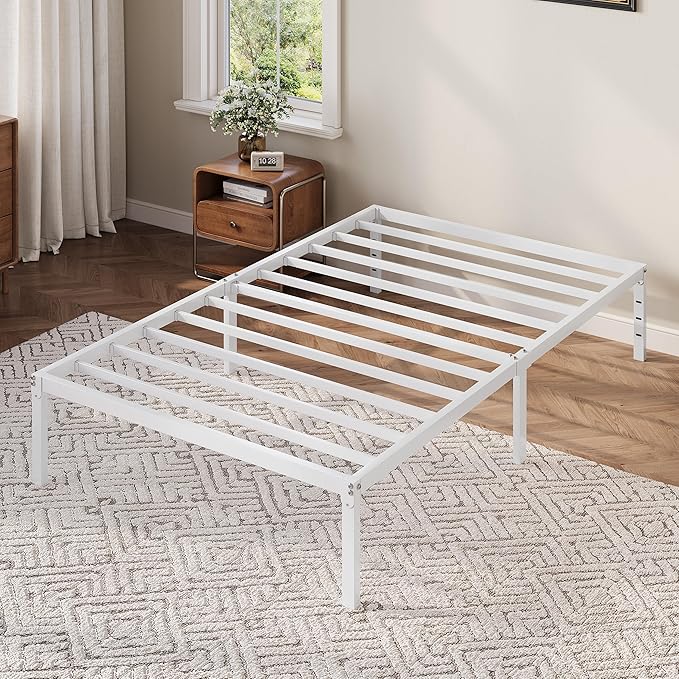 Allewie Twin Bed Frame, 12 Inch Metal Platform Beds with Storage Space, No Box Spring Required and Easy Assembly, White