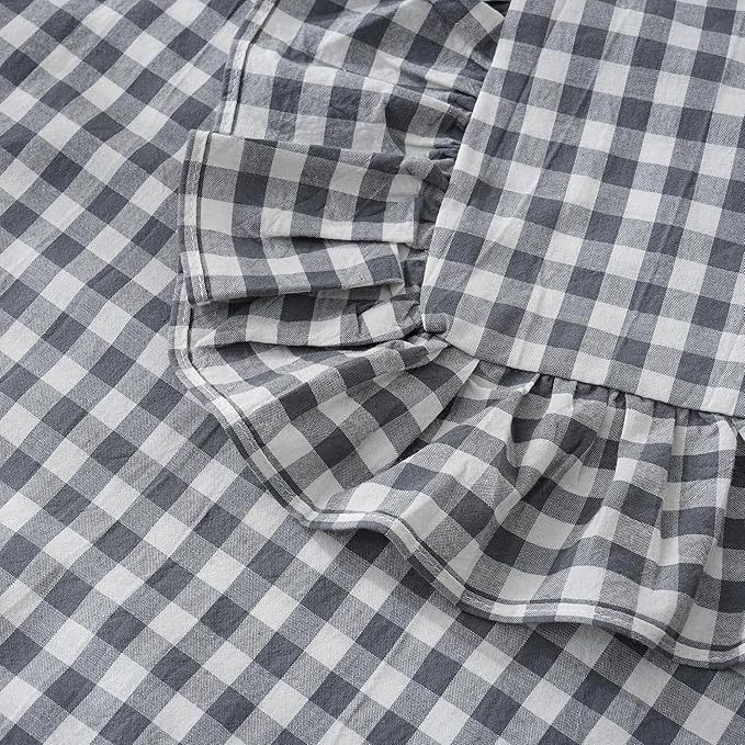 2 Pack Grey/White Plaid Ruffled Throw Pillow Sham 20 x20 inches, Washed Cotton Vintage Farmhouse Decorative Gingham Pillow Cover for Sofa/Living Room