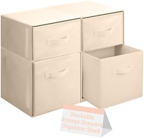 Weysat 4 Cube Stackable Under Dorm Bed Storage Container Foldable Closet Drawer Organizer Fabric Storage Cube Bins for Dorm Essentials College Closet Bedroom Living Room Nursery(Beige,18.5 Inch)