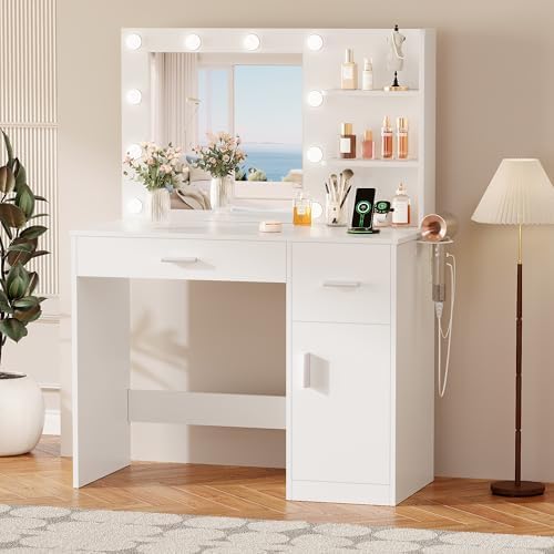 YESHOMY 35.4" Vanity Desk with Mirror & Lights, Makeup Vanity Table with Charging Station,3 Color Modes, 2 Drawers & Large Storage Cabinet with Open Shelves for Bedroom Dressing Room, Classic White