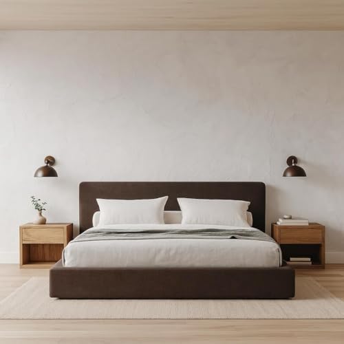 Square Bed – Washable Cover - Soft Upholstered Linen - Minimalist Modern - Sold Separately (Waterproof Brown Linen, Queen Base)
