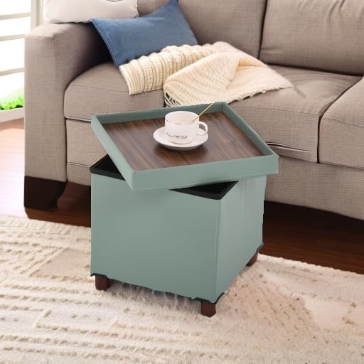 Dorriss Storage Ottoman, Ottoman with Storage for Living Room Square Ottoman with Tray Lid Bedroom Storage Footstool Cube Small Ottomans Foot Rest Stool with Legs Foldable Faxu Leather 15" Inches