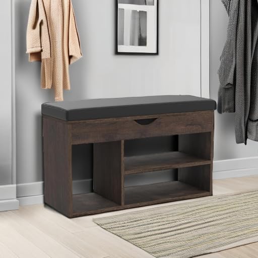 Apicizon 31 Inches Storage Bench with Padded Cushion, Shoe Bench with Storage Space, Upholstered Entryway Bench for Living Room, 2-Tier Shoe Rack Organizer, Brown