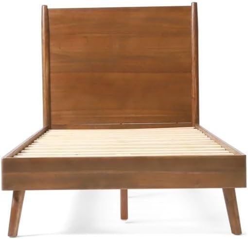 Merax Twin Size Solid Wood Platform Bed, Mid-Century Modern Bed Frame with Splayed Legs, 600 lbs Weight Capacity, No Box Spring Needed, Brown