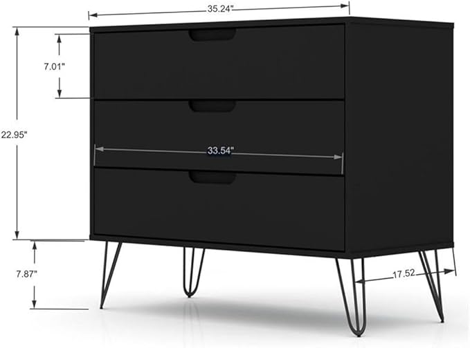 Manhattan Comfort Rockefeller 3 Drawer Dresser for Bedroom Storage, Nursery, Closet, Living Room, Entryway, TV Stand for Screens up to 32 Inches, Anti-Tip Kit Included, Set of 1, Black